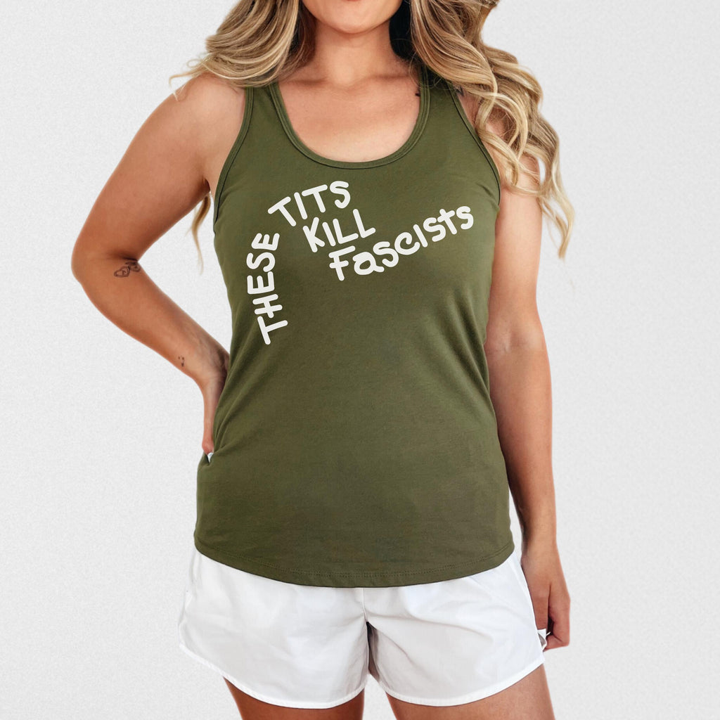 These Tits Kill Fascists graphic tank top featuring Anti-Fascist Feminist Graphic Tank