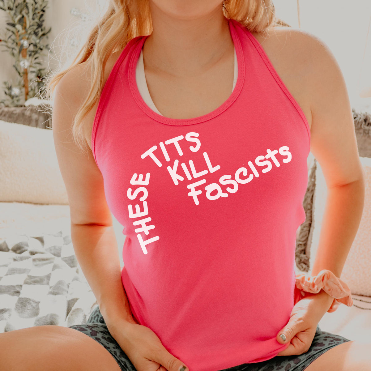These Tits Kill Fascists graphic tank top featuring Anti-Fascist Feminist Graphic Tank