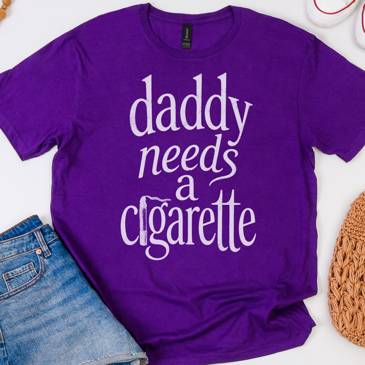 Daddy Needs A Cigarette graphic shirt featuring Funny Vintage Script Graphic Tee