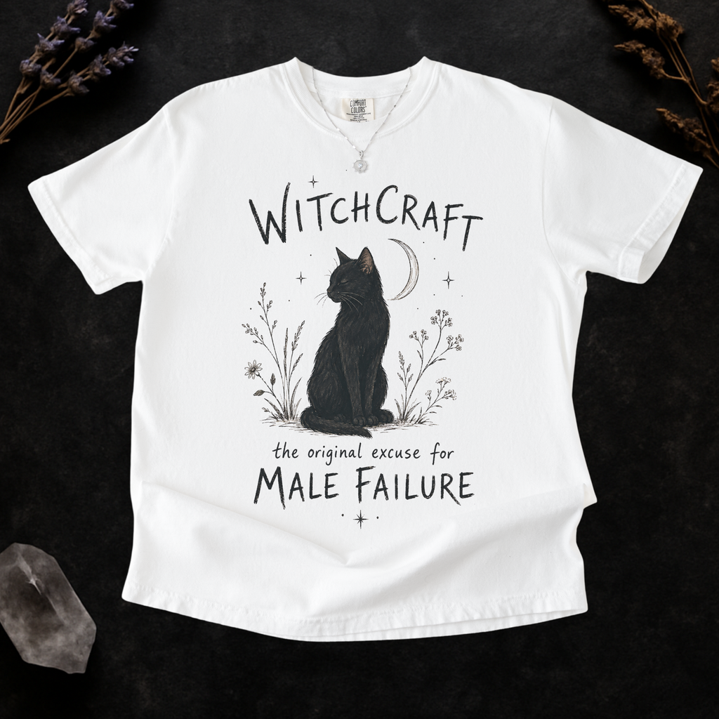 Witchcraft Cat graphic shirt featuring 'The Original Excuse for Male Failure'