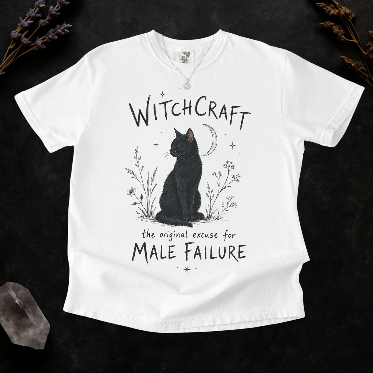 Witchcraft Cat graphic shirt featuring 'The Original Excuse for Male Failure'