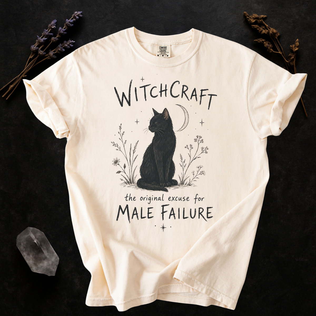 Witchcraft Cat graphic shirt featuring 'The Original Excuse for Male Failure'