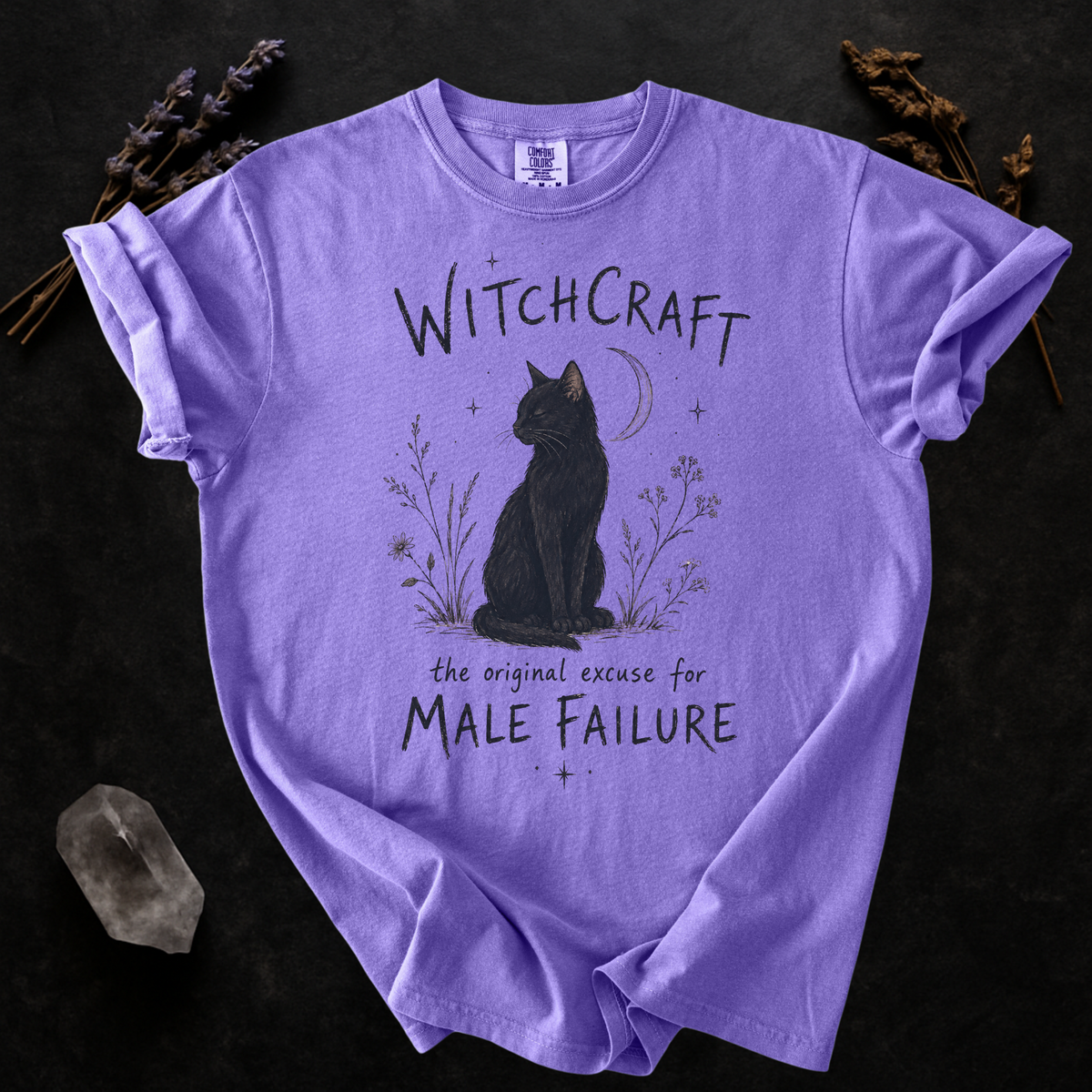 Witchcraft Cat graphic shirt featuring 'The Original Excuse for Male Failure'