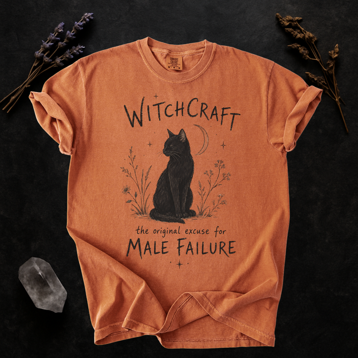 Witchcraft Cat graphic shirt featuring 'The Original Excuse for Male Failure' in Black