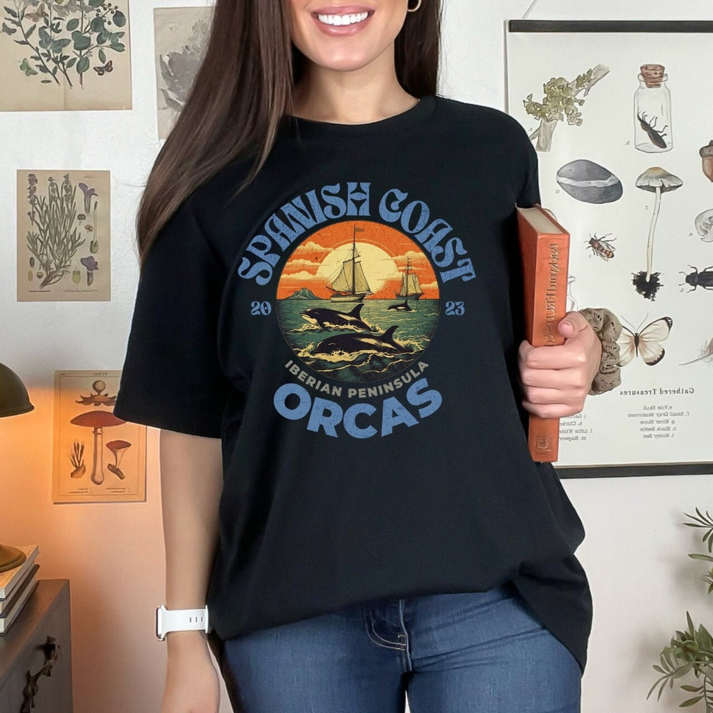 Spanish Coast Orcas T-Shirt — Vintage Sailboat Sunset Wildlife Tee
