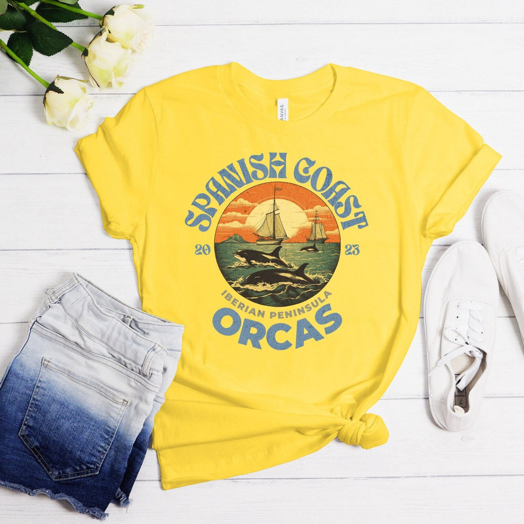 Spanish Coast Orcas T-Shirt — Vintage Sailboat Sunset Wildlife Tee