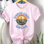 Spanish Coast Orcas graphic shirt featuring Vintage Sailboat Sunset Wildlife Tee