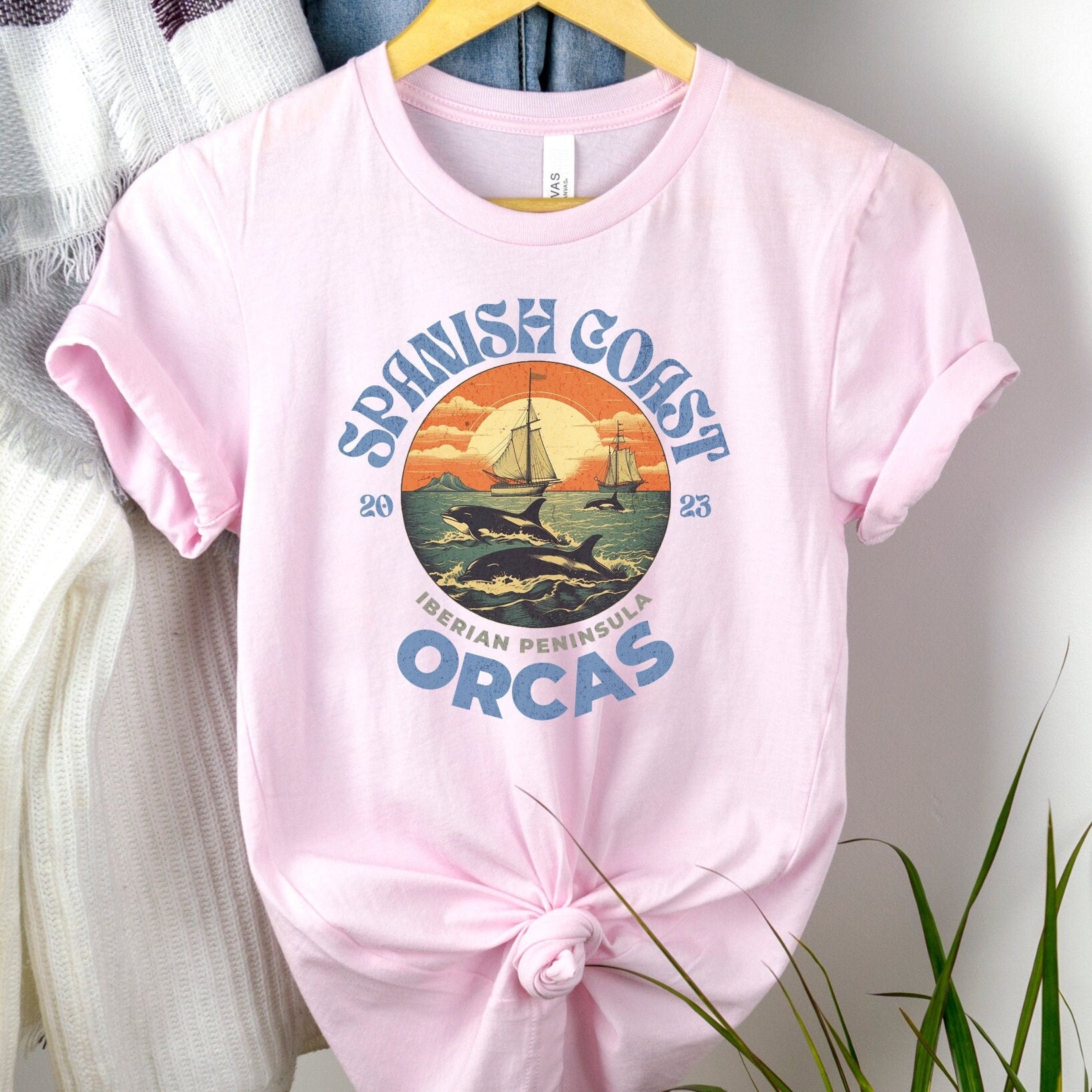 Spanish Coast Orcas T-Shirt — Vintage Sailboat Sunset Wildlife Tee
