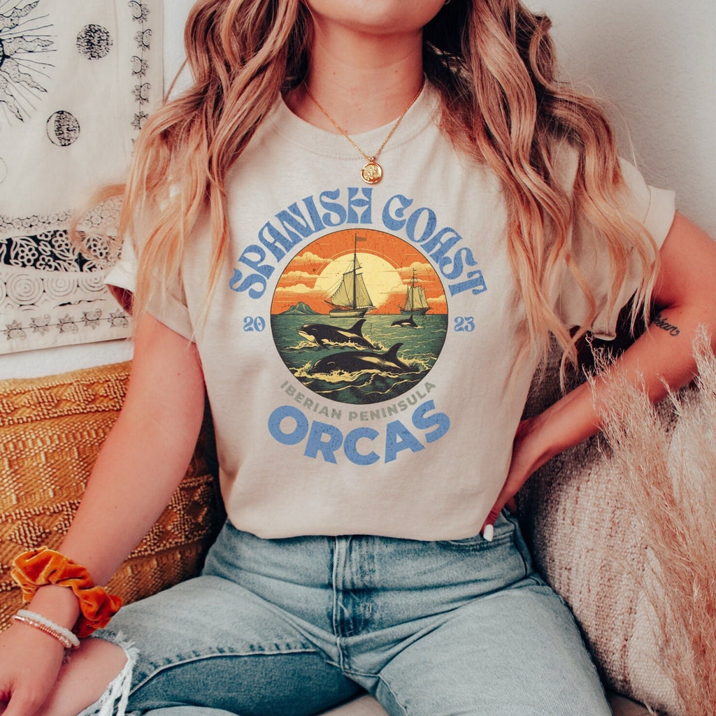 Spanish Coast Orcas T-Shirt — Vintage Sailboat Sunset Wildlife Tee