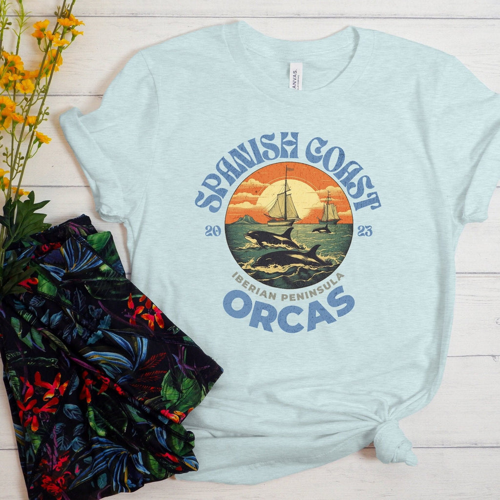 Spanish Coast Orcas T-Shirt — Vintage Sailboat Sunset Wildlife Tee