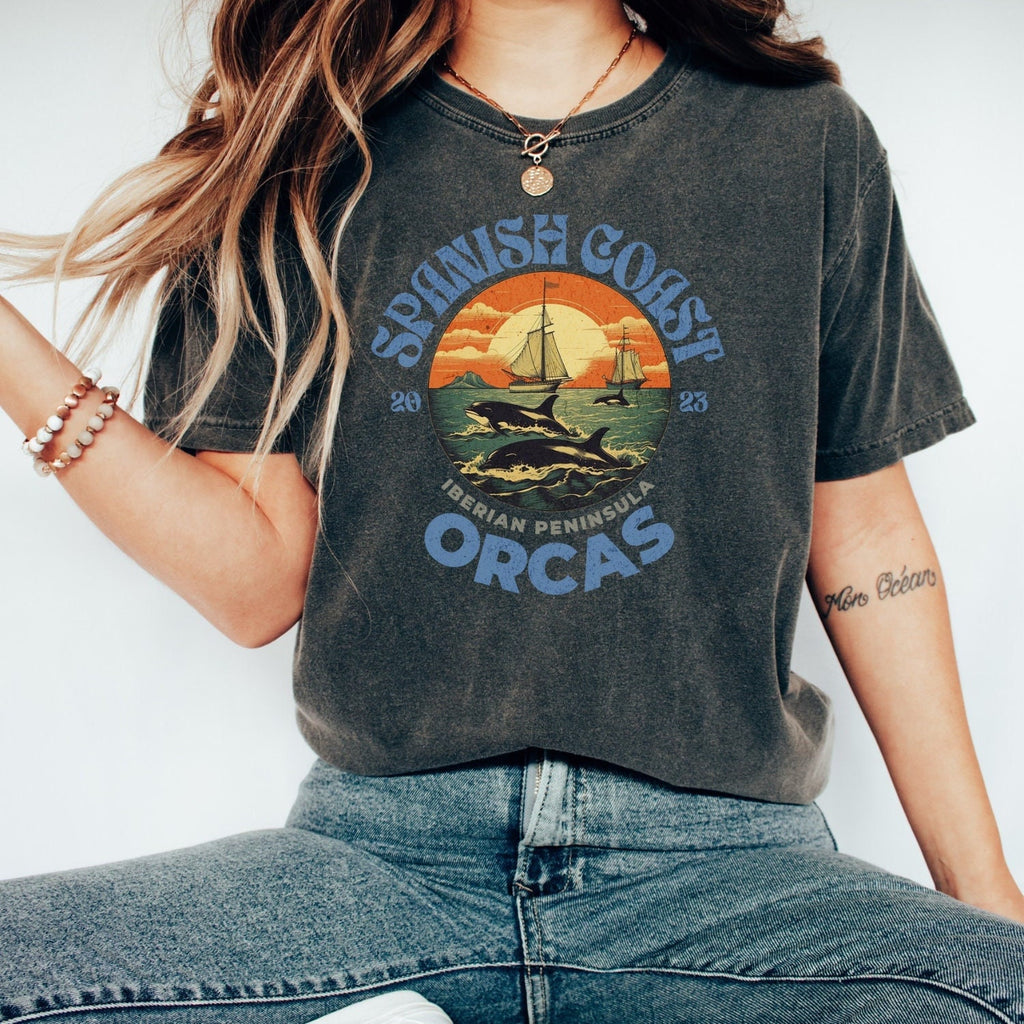 Spanish Coast Orcas T-Shirt — Vintage Sailboat Sunset Wildlife Tee