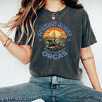 Spanish Coast Orcas graphic shirt featuring Vintage Sailboat Sunset Wildlife Tee