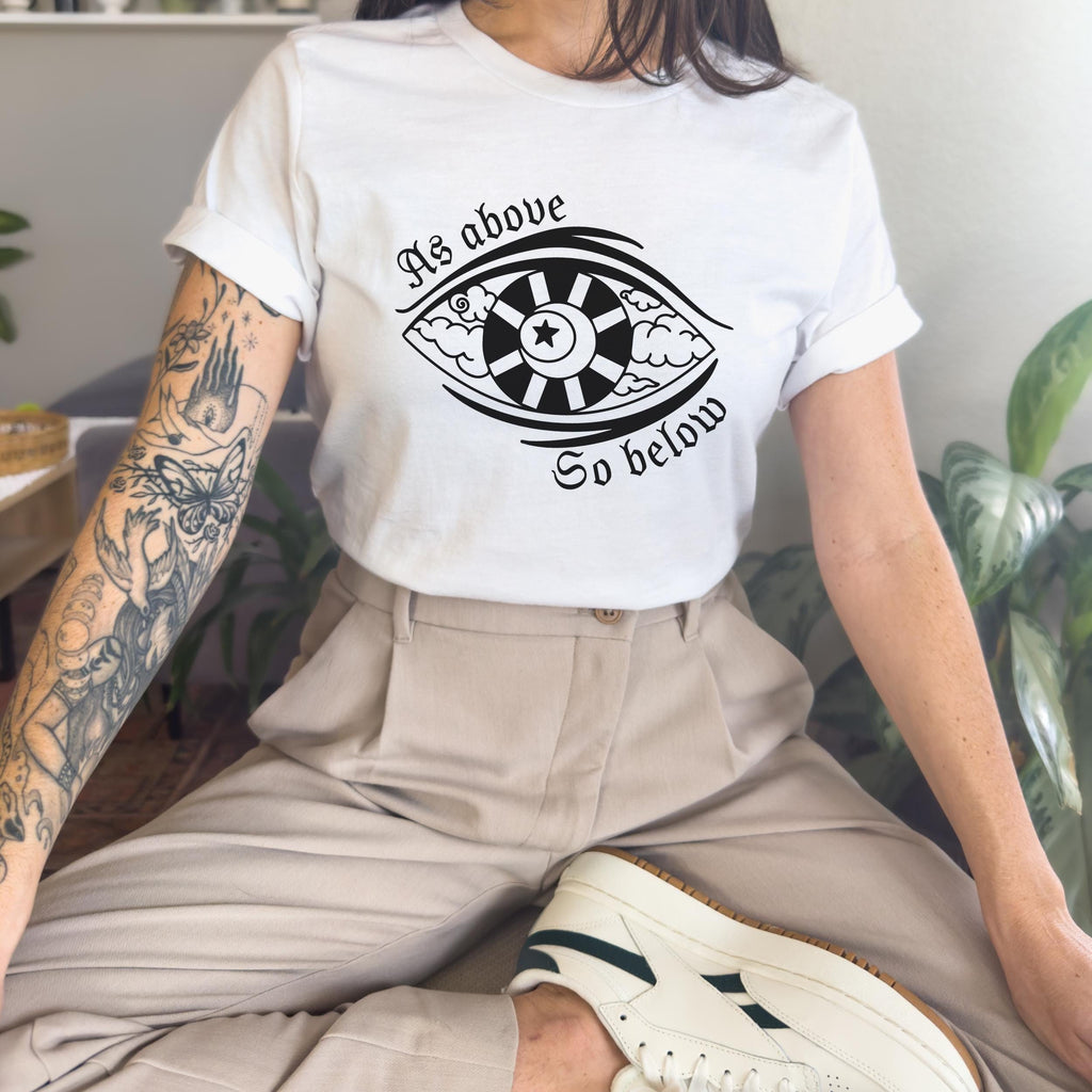 As Above So Below graphic shirt featuring Gothic Skull & Wings Spiritual Quote Tee