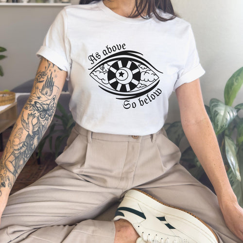 As Above So Below graphic shirt featuring Gothic Skull & Wings Spiritual Quote Tee