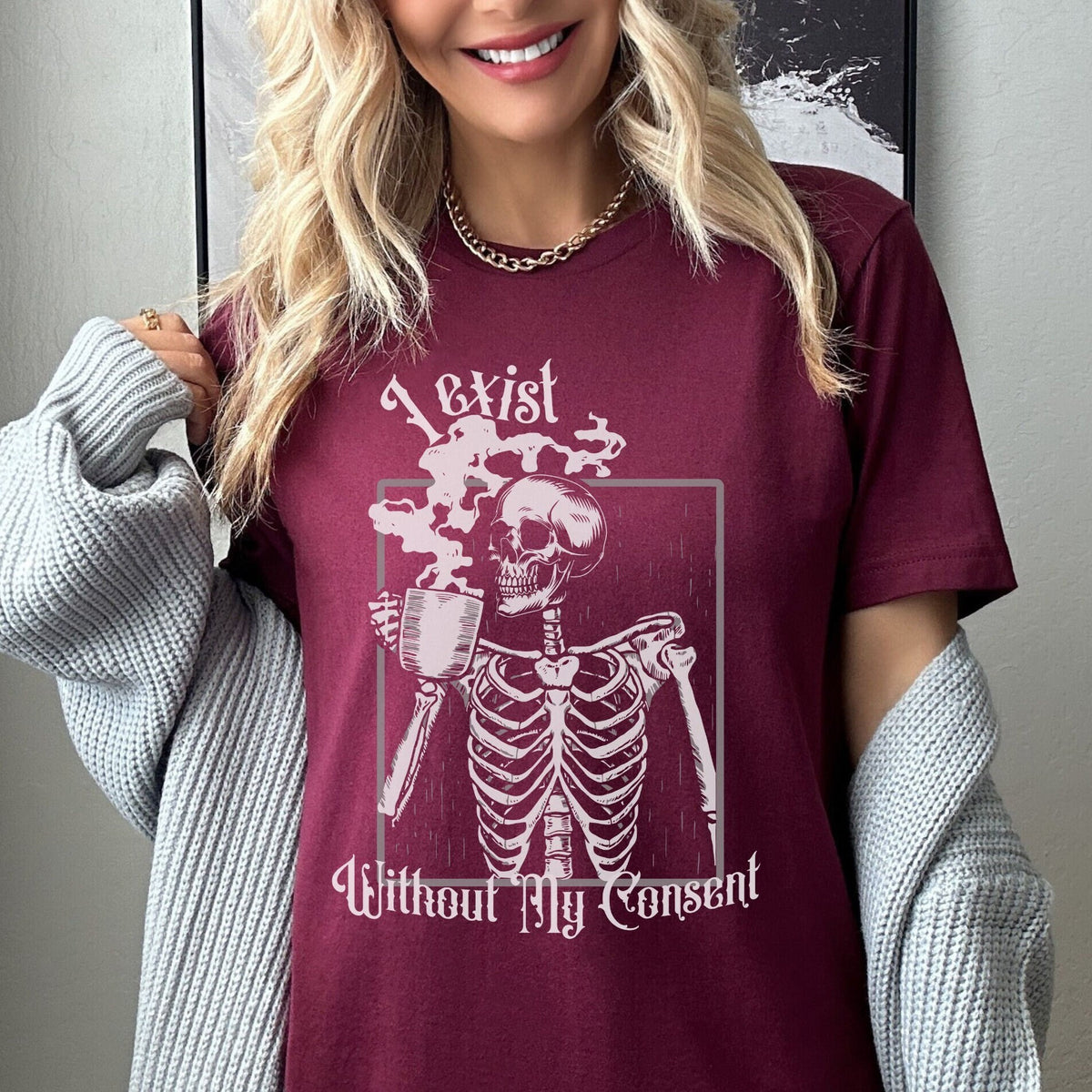 Skeleton Graphic graphic shirt featuring "I Exist Without My Consent" Gothic Skull