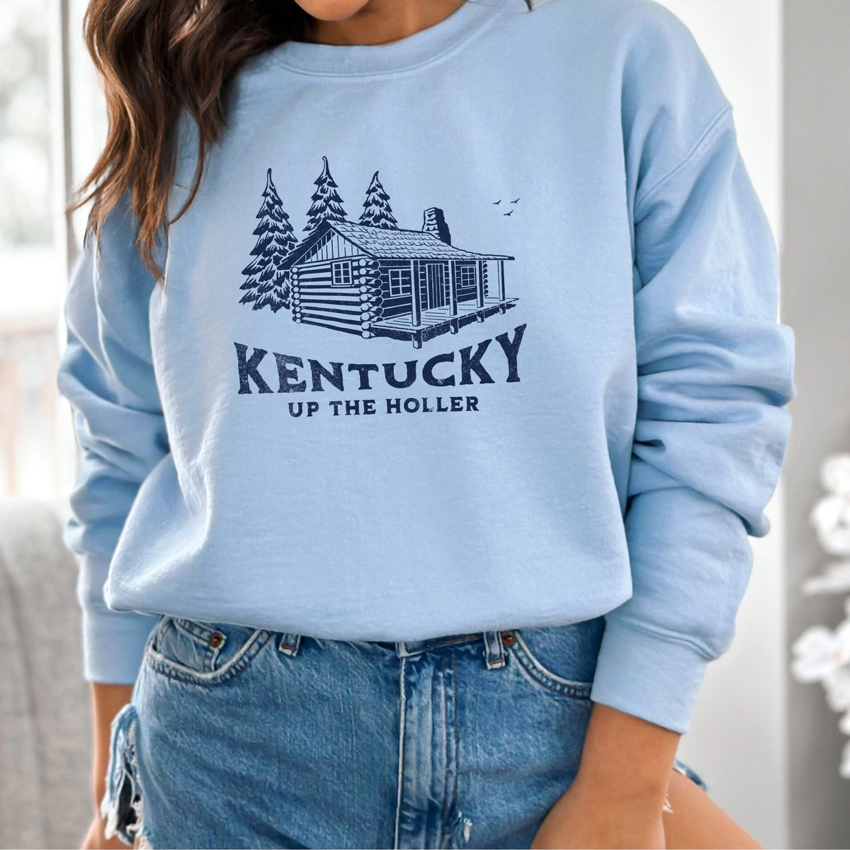 Kentucky Cabin graphic sweatshirt featuring "Kentucky Up The Holler" Retro Cabin