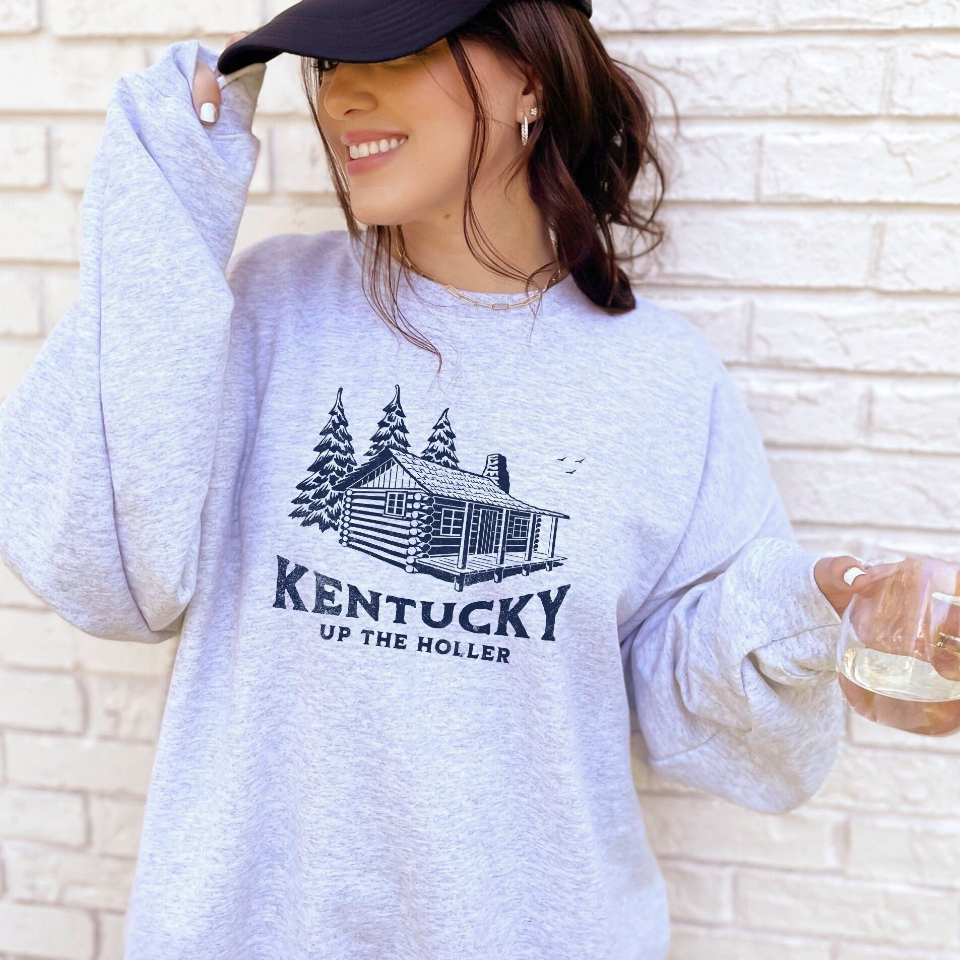 Kentucky Cabin Crewneck Sweatshirt — "Kentucky Up The Holler" Retro Cabin Design