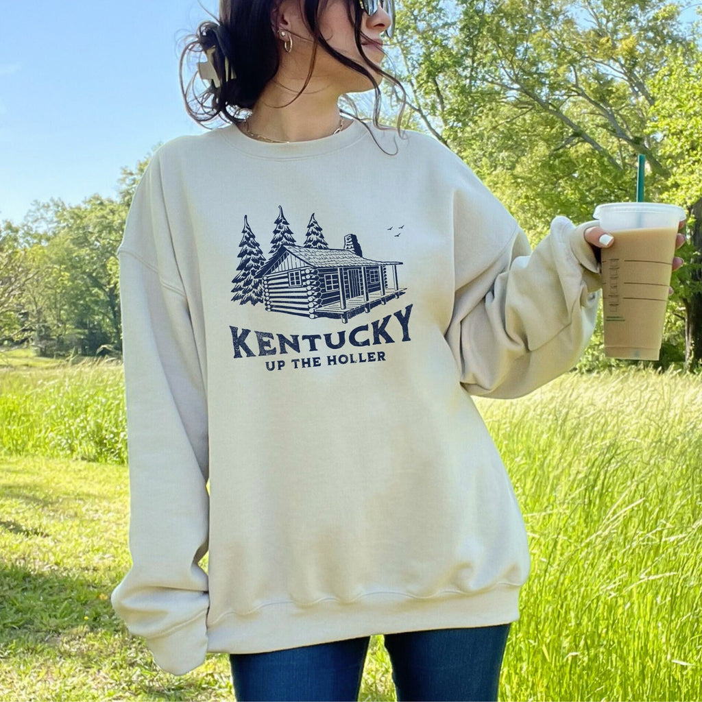 Kentucky Cabin graphic sweatshirt featuring "Kentucky Up The Holler" Retro Cabin
