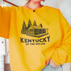 Kentucky Cabin graphic sweatshirt featuring "Kentucky Up The Holler" Retro Cabin
