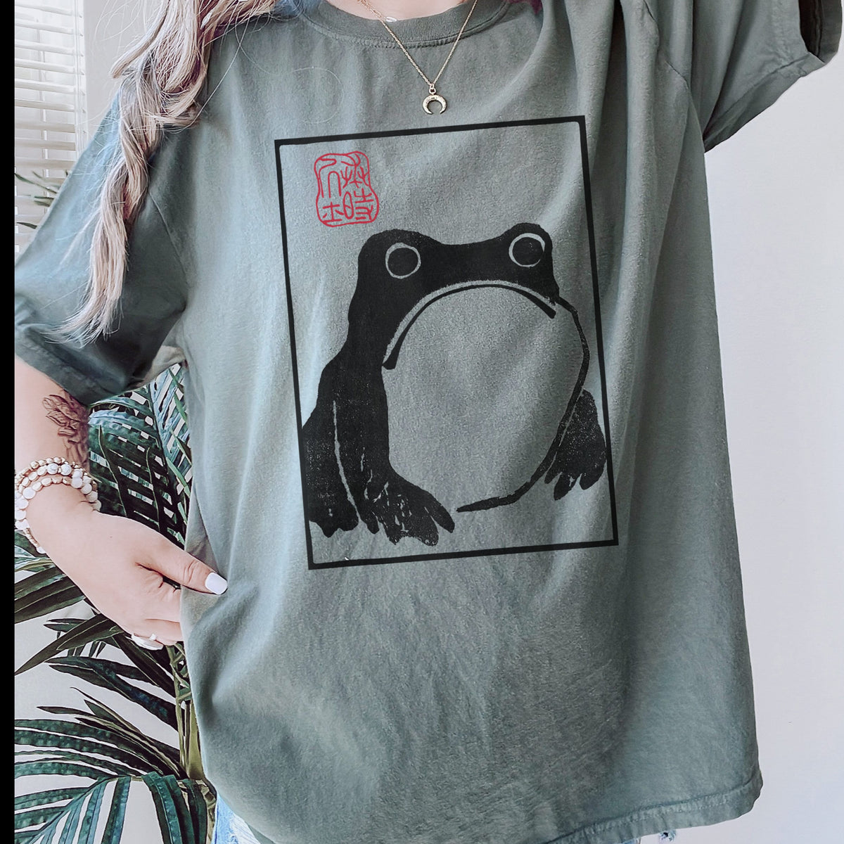 Frog Print T‑ graphic shirt featuring Minimal Japanese Stamp Illustration