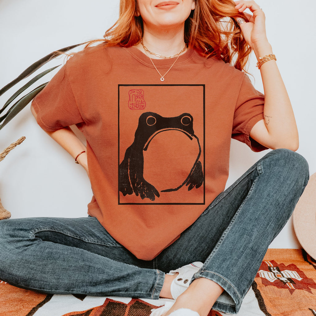 Frog Print T‑ graphic shirt featuring Minimal Japanese Stamp Illustration