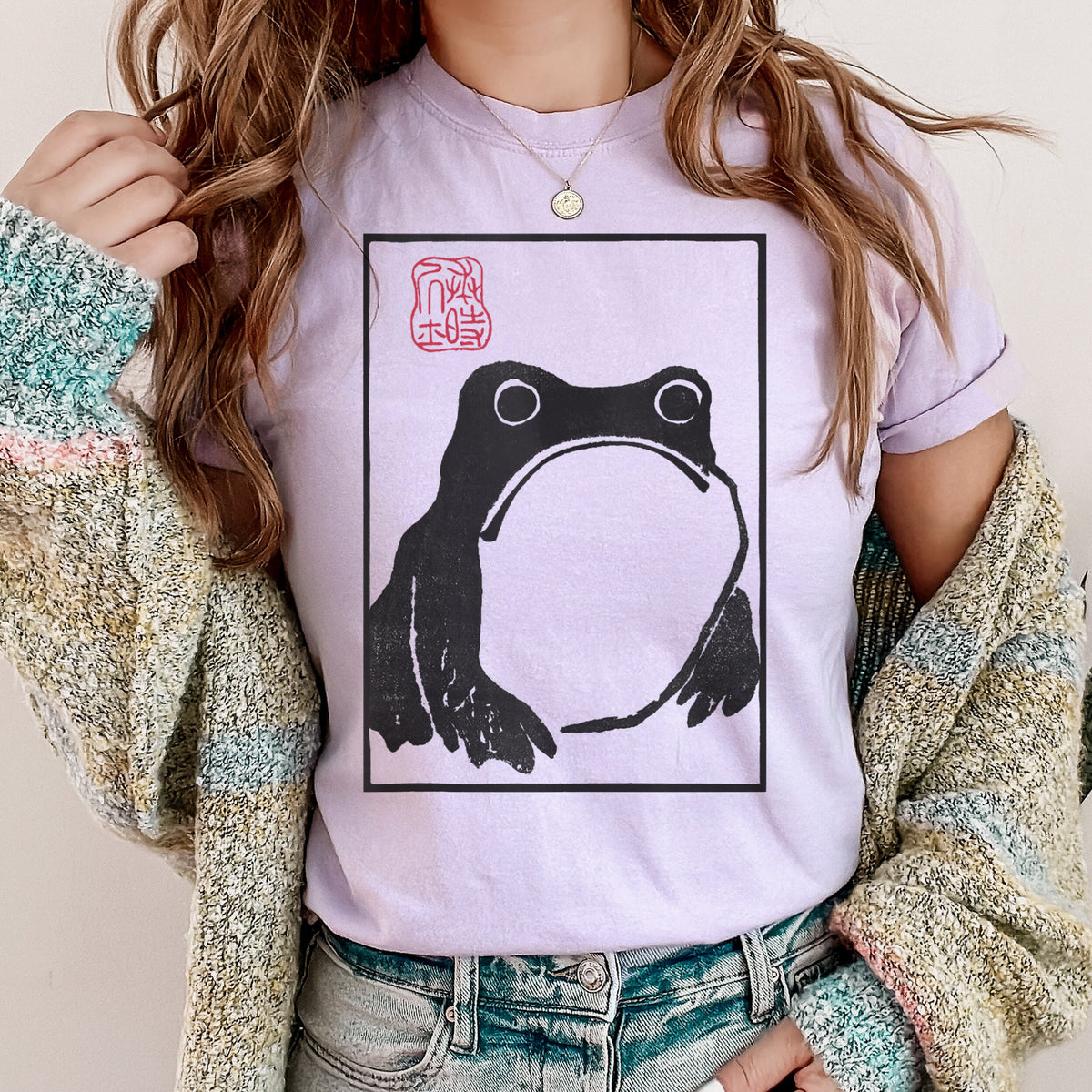 Frog Print T‑ graphic shirt featuring Minimal Japanese Stamp Illustration