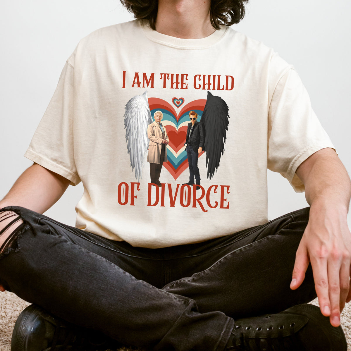 Good Omens Child of Divorce graphic shirt featuring Ineffable Duo Funny Fandom Tee