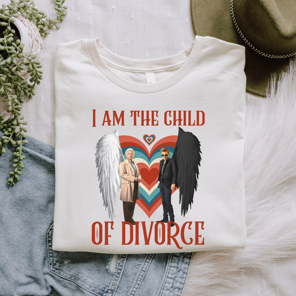 Good Omens Child of Divorce graphic shirt featuring Ineffable Duo Funny Fandom Tee