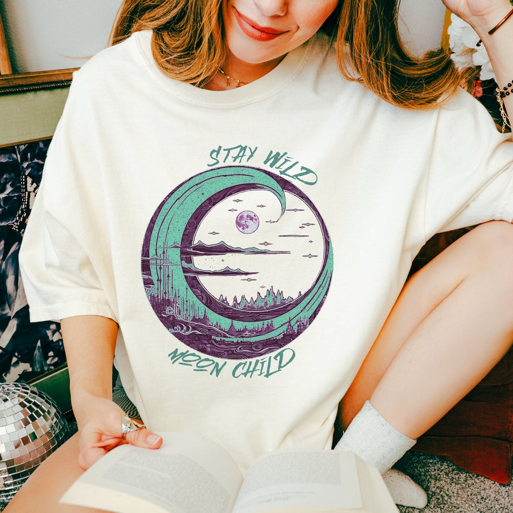 Stay Wild Moon Child graphic shirt featuring Crescent Moon Nature Graphic Tee