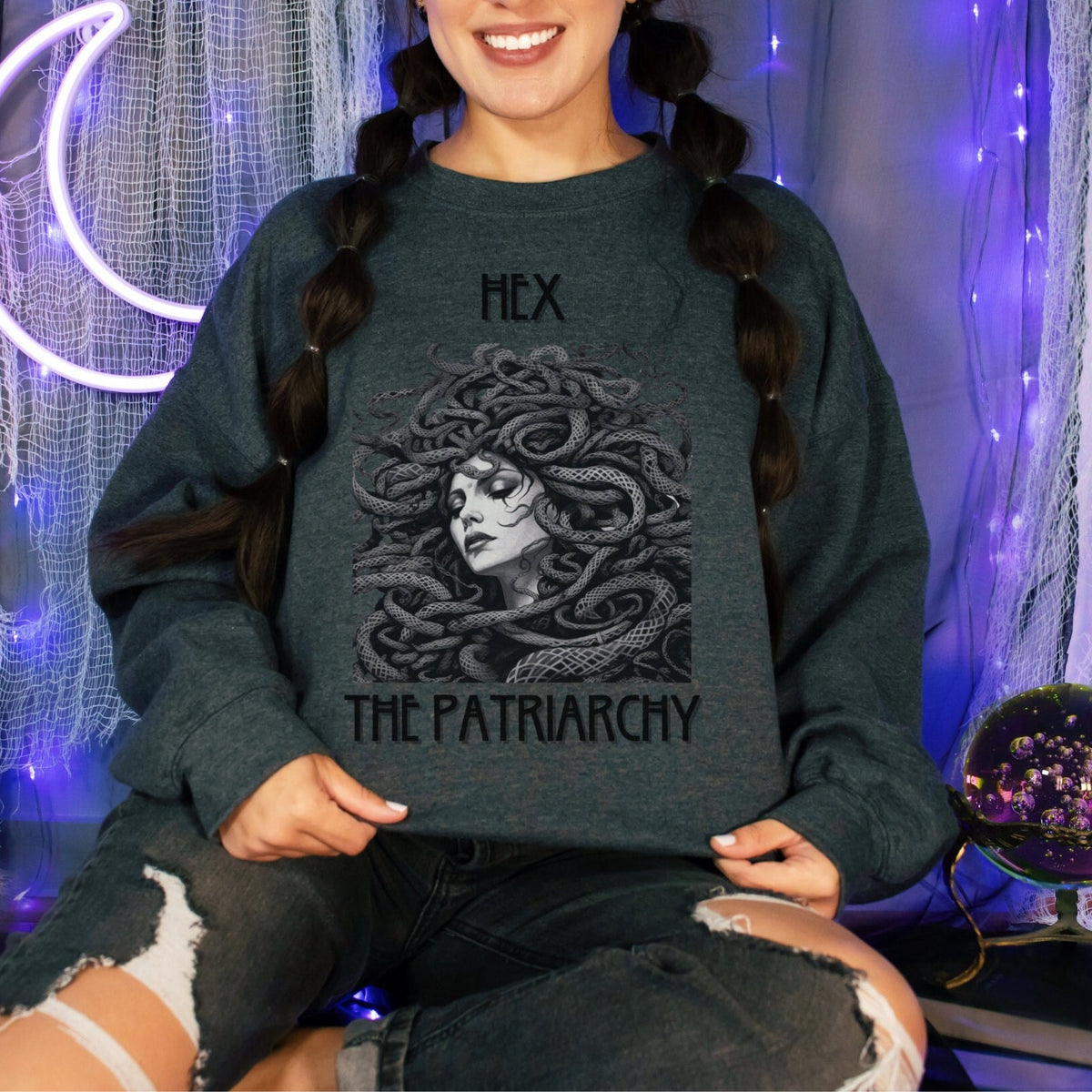 Crewneck Sweatshirt graphic sweatshirt featuring Medusa 'Hex the Patriarchy' Graphic