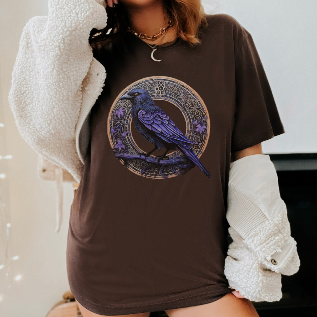 Raven Circle graphic shirt featuring Gothic Purple Crow Graphic Tee