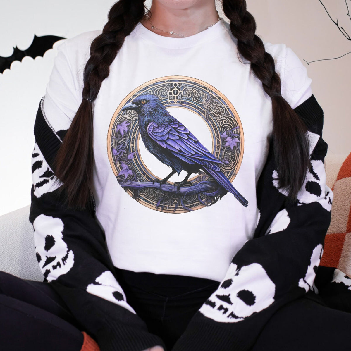 Raven Circle graphic shirt featuring Gothic Purple Crow Graphic Tee