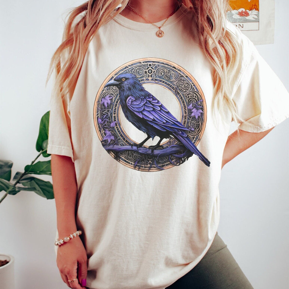 Raven Circle graphic shirt featuring Gothic Purple Crow Graphic Tee
