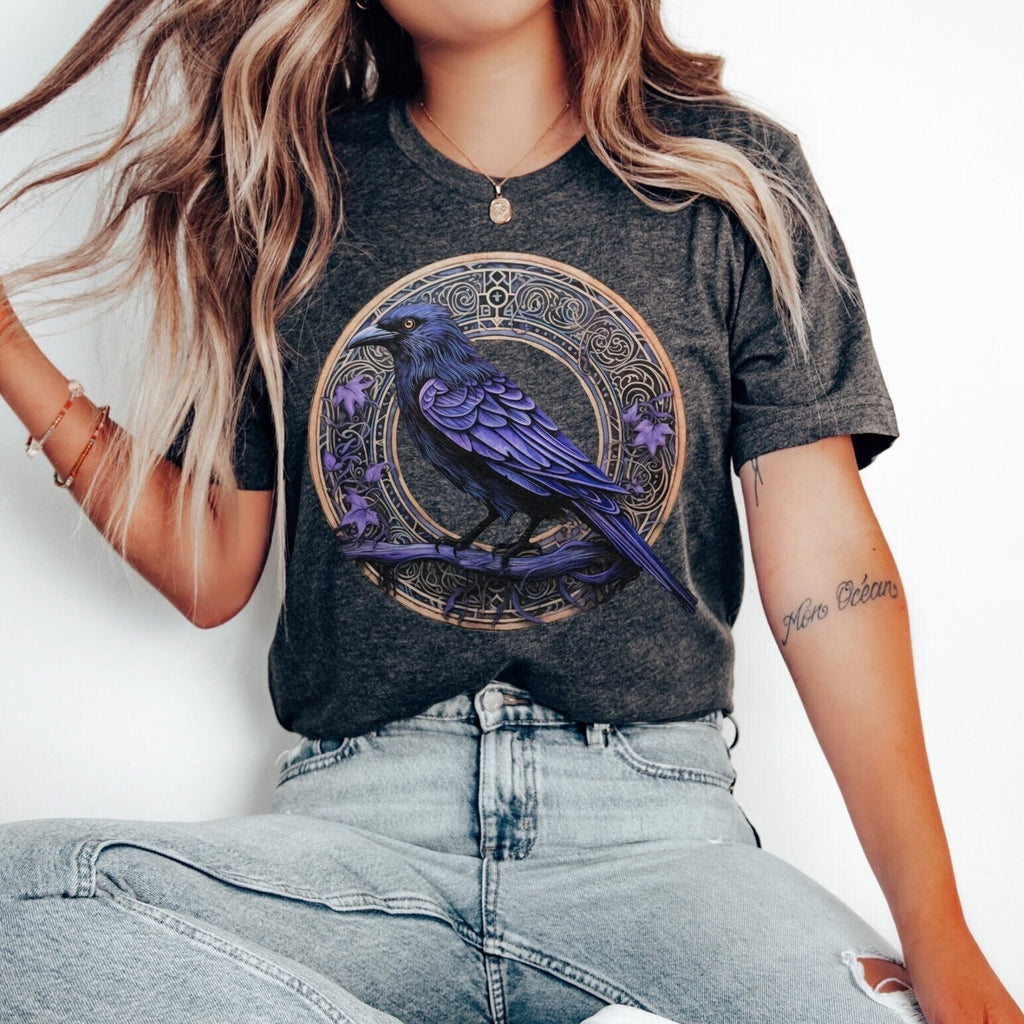 Raven Circle graphic shirt featuring Gothic Purple Crow Graphic Tee