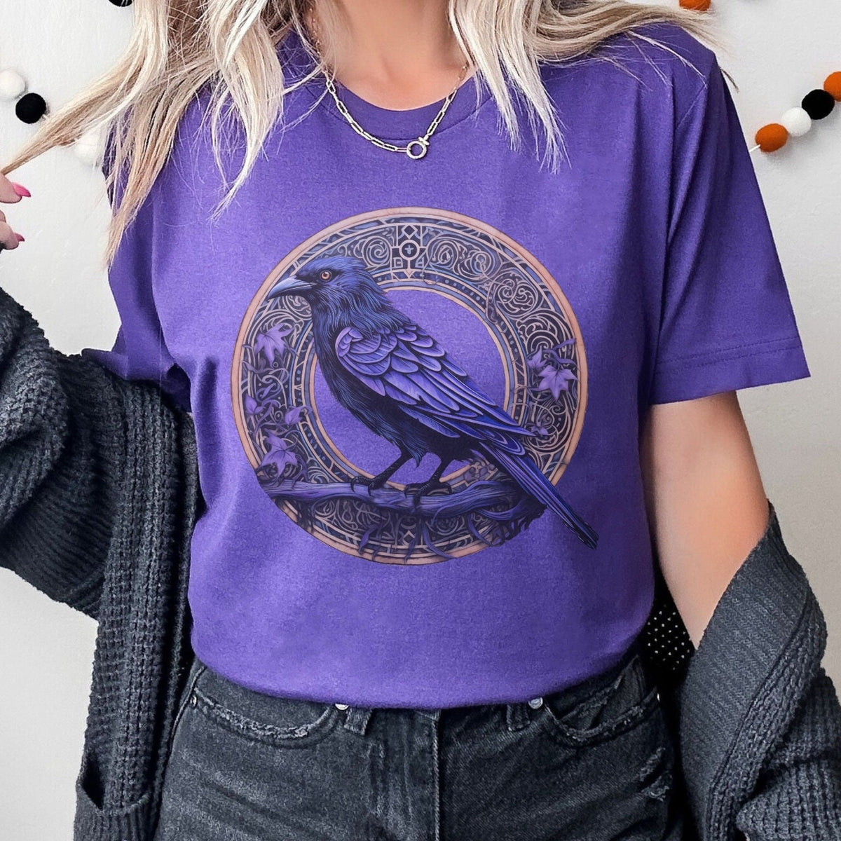 Raven Circle graphic shirt featuring Gothic Purple Crow Graphic Tee in Black