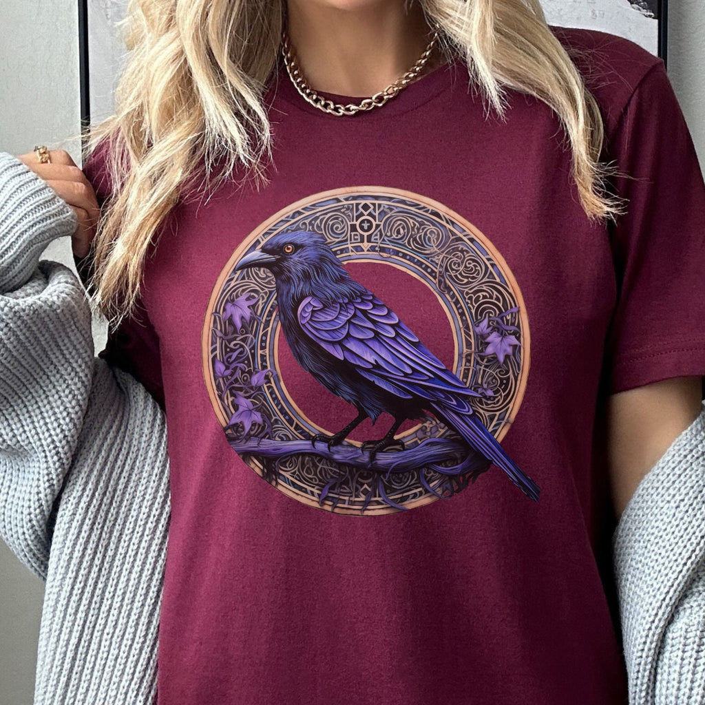 Raven Circle graphic shirt featuring Gothic Purple Crow Graphic Tee