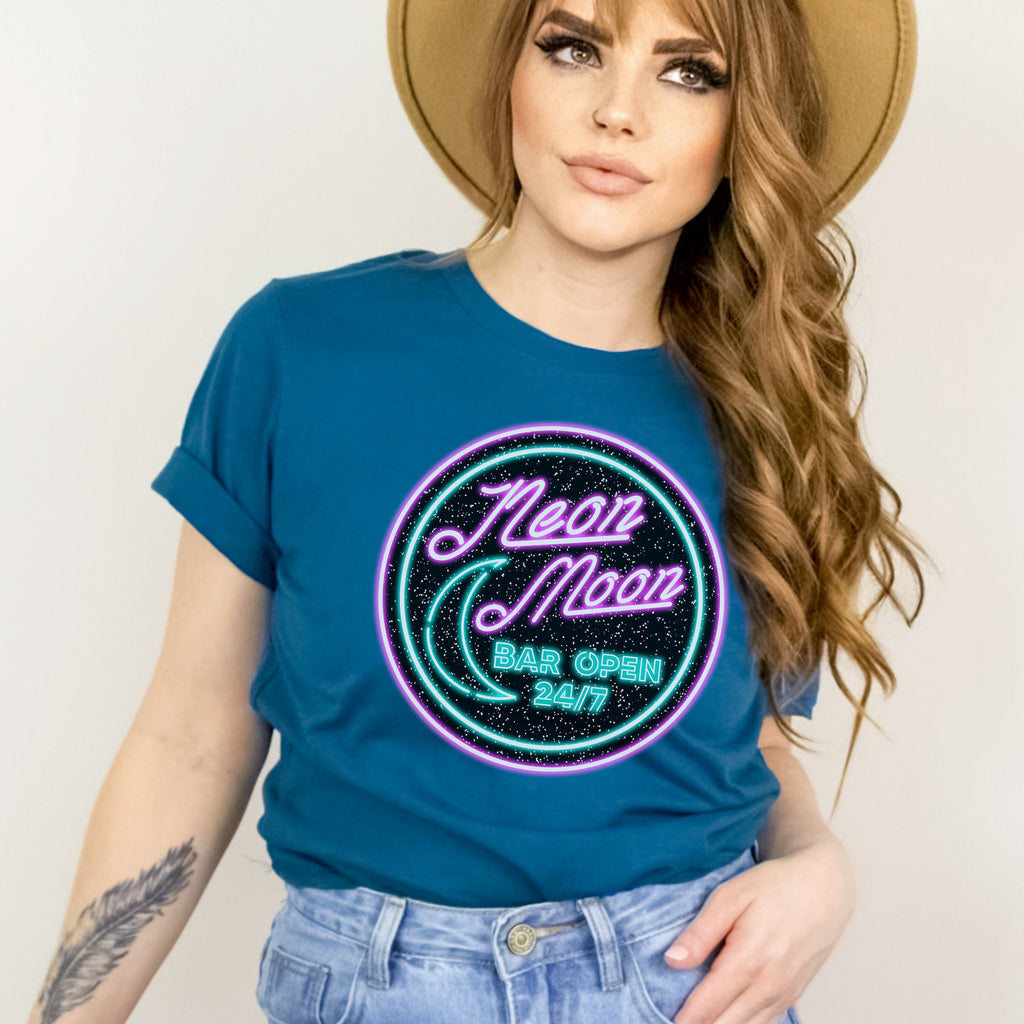 Neon Moon graphic shirt featuring 'Neon Moon Bar Open 24/7' Retro Neon Sign