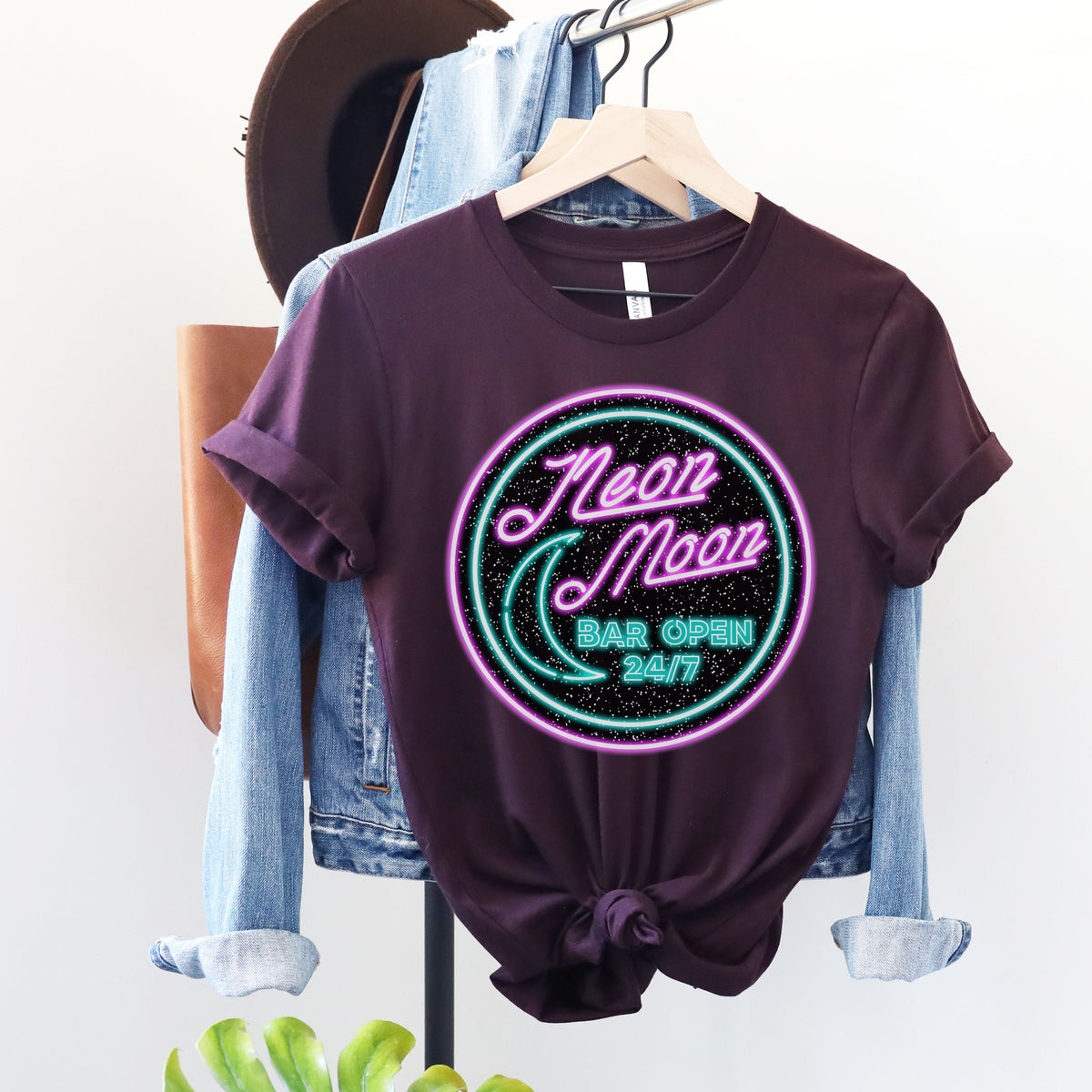 Neon Moon graphic shirt featuring 'Neon Moon Bar Open 24/7' Retro Neon Sign