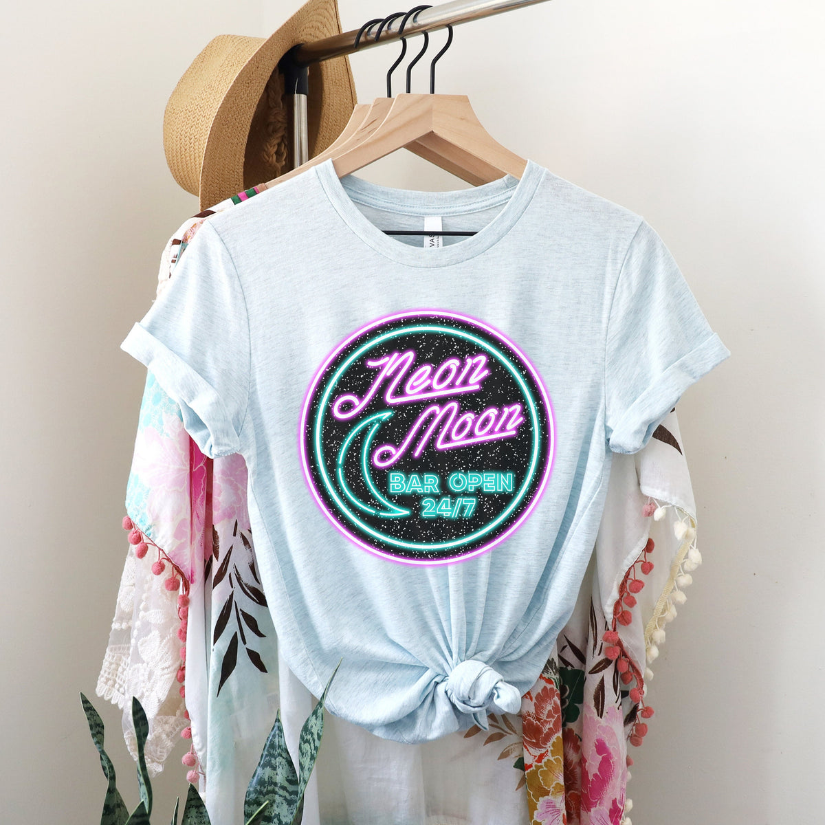 Neon Moon graphic shirt featuring 'Neon Moon Bar Open 24/7' Retro Neon Sign