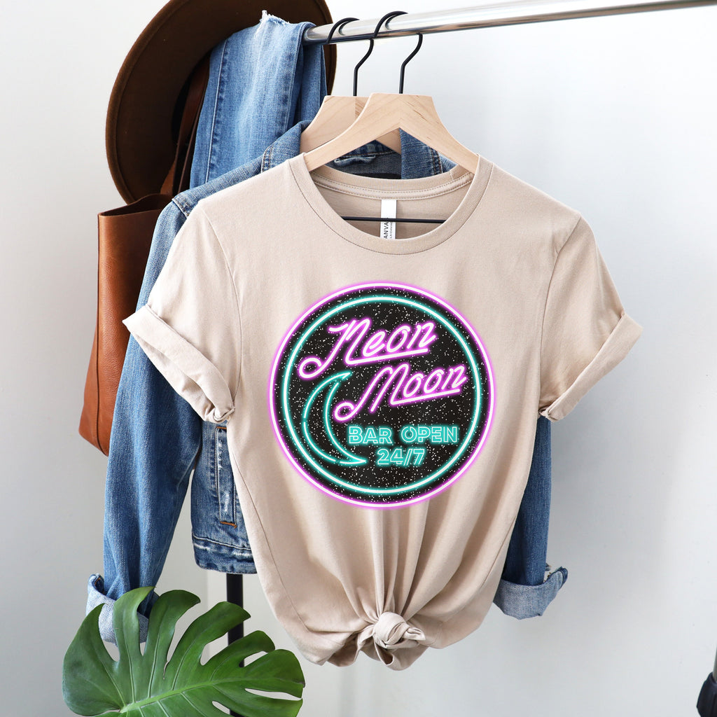 Neon Moon graphic shirt featuring 'Neon Moon Bar Open 24/7' Retro Neon Sign