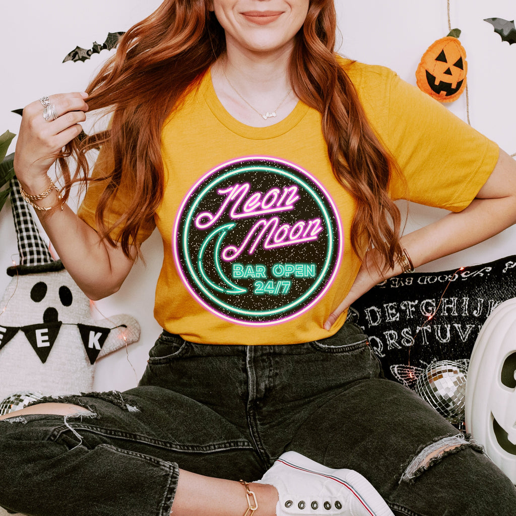 Neon Moon graphic shirt featuring 'Neon Moon Bar Open 24/7' Retro Neon Sign