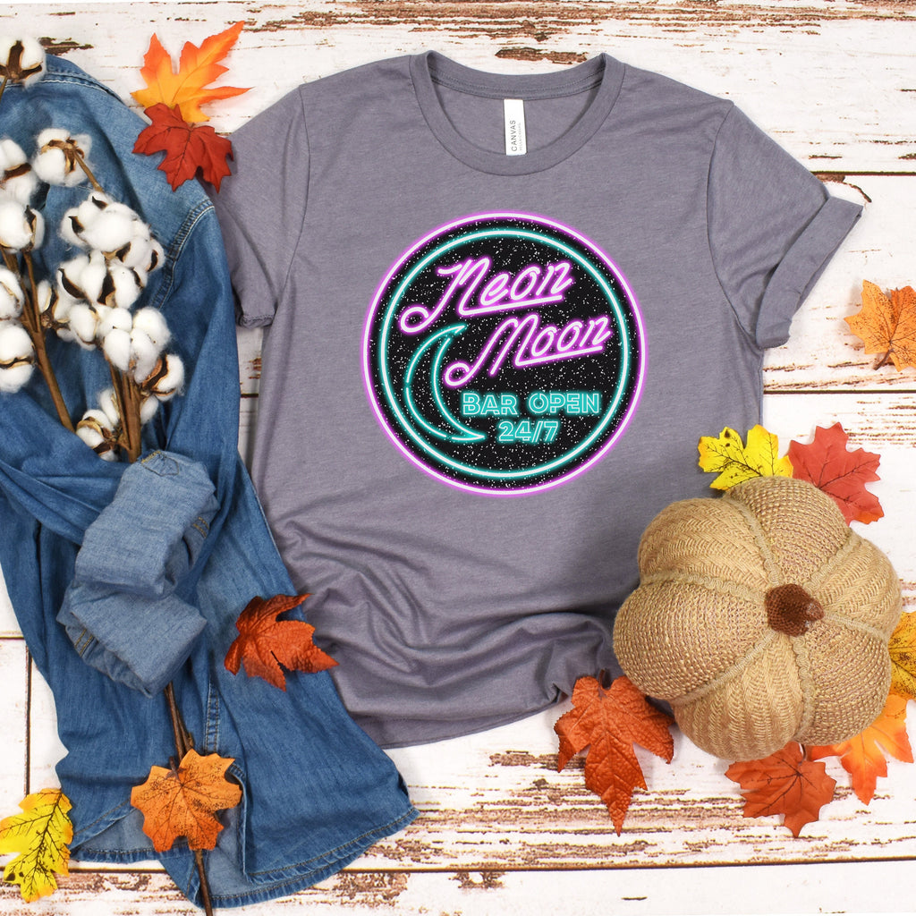 Neon Moon graphic shirt featuring 'Neon Moon Bar Open 24/7' Retro Neon Sign