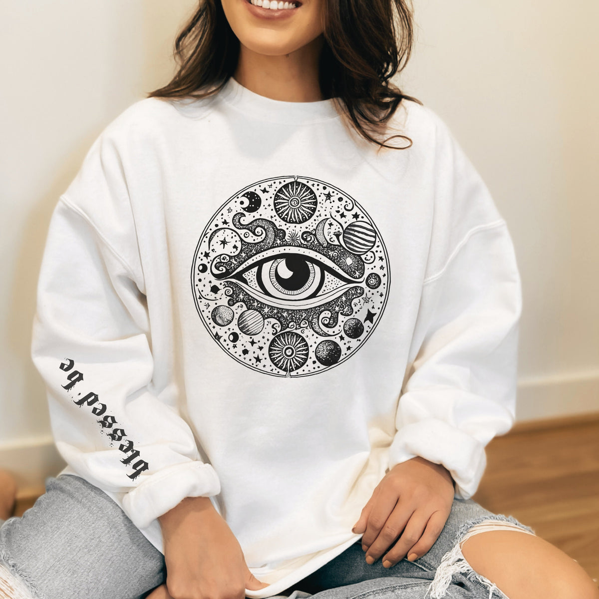 Mystic Eye graphic sweatshirt featuring Celestial All-Seeing Eye Graphic