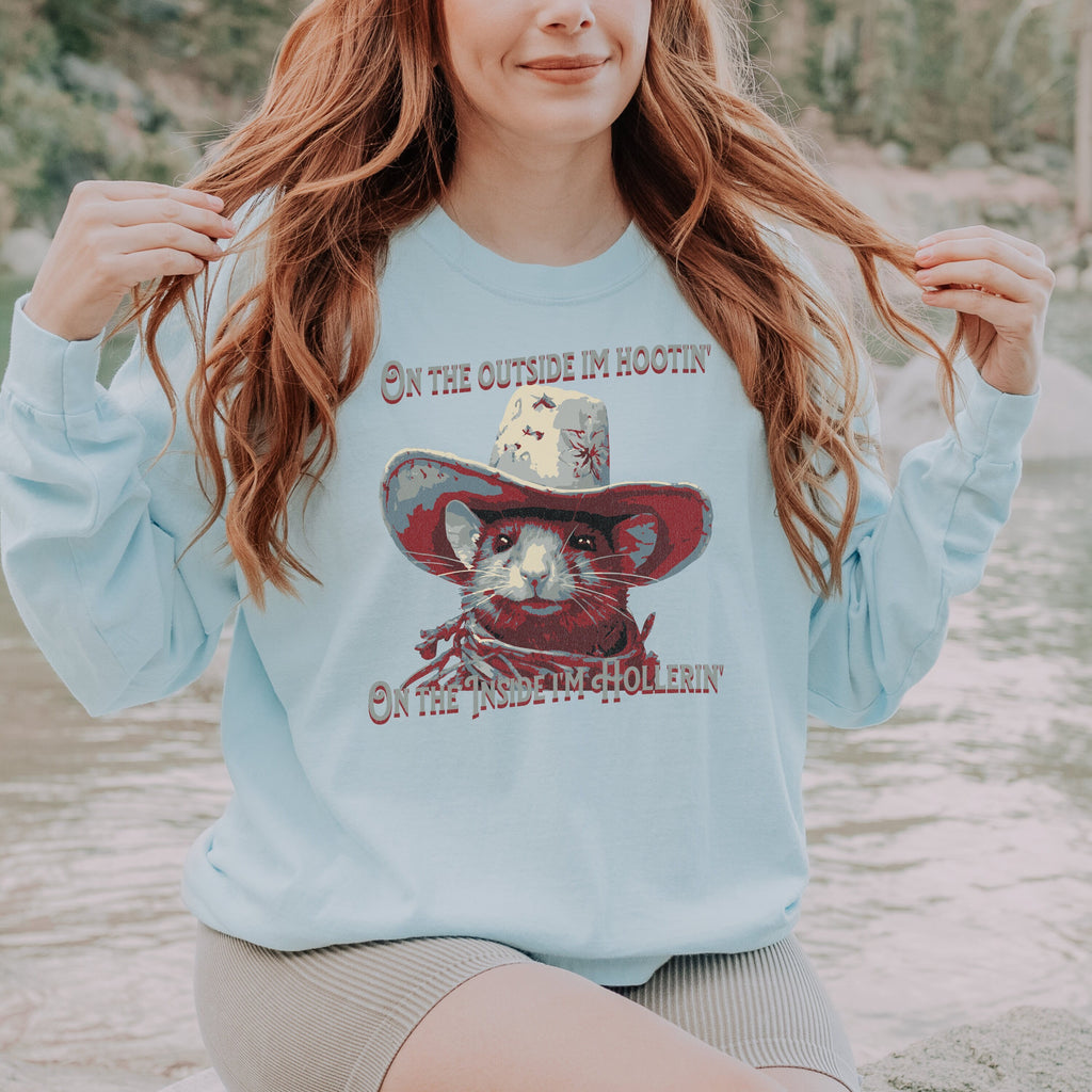 Rat Meme long sleeve graphic shirt featuring "On The Outside I'm Hootin'" Comfort Colors