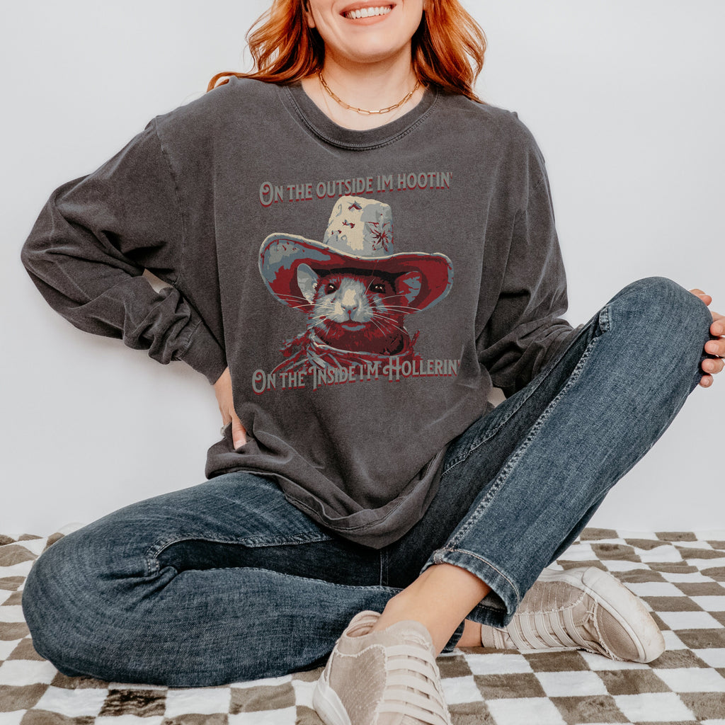 Rat Meme long sleeve graphic shirt featuring "On The Outside I'm Hootin'" Comfort Colors