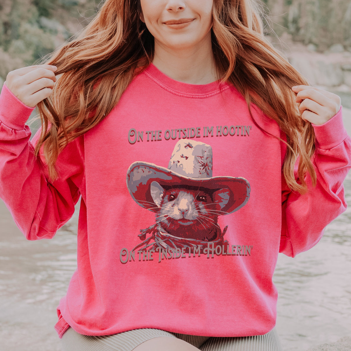 Rat Meme long sleeve graphic shirt featuring "On The Outside I'm Hootin'" Comfort Colors