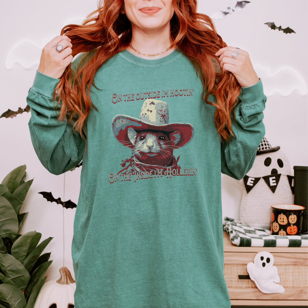 Rat Meme long sleeve graphic shirt featuring "On The Outside I'm Hootin'" Comfort Colors