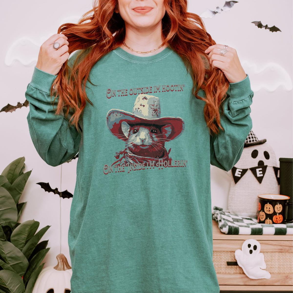 Rat Meme long sleeve graphic shirt featuring "On The Outside I'm Hootin'" Comfort Colors
