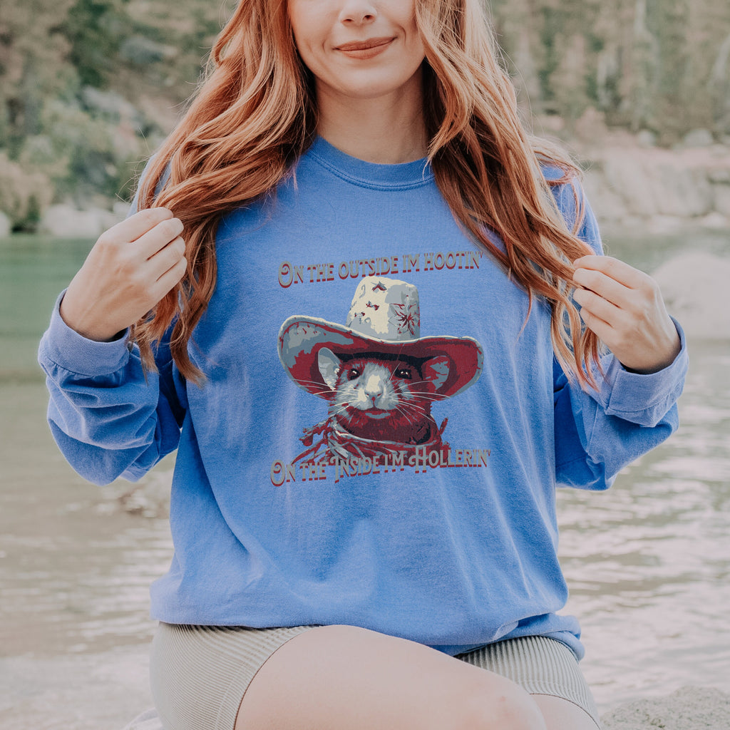 Rat Meme long sleeve graphic shirt featuring "On The Outside I'm Hootin'" Comfort Colors