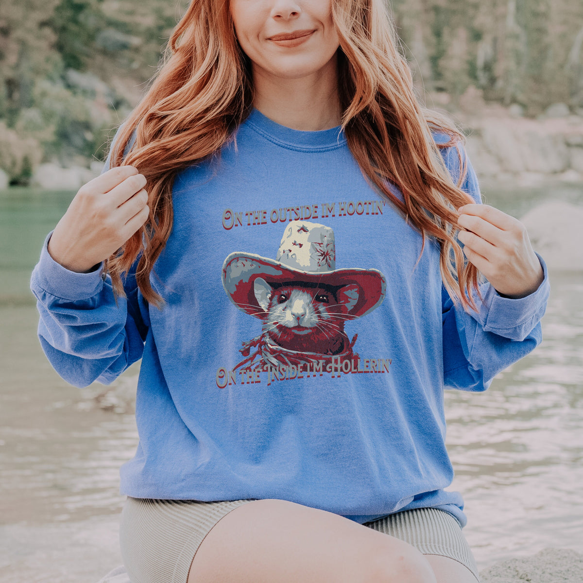 Rat Meme long sleeve graphic shirt featuring "On The Outside I'm Hootin'" Comfort Colors